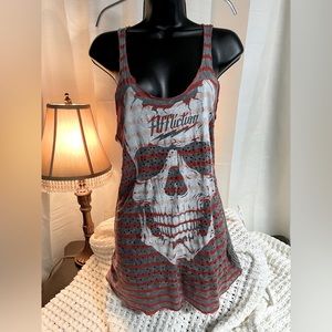 Affliction gray and red striped graphic tank with mesh back.